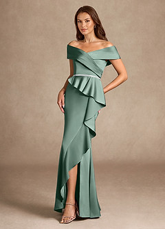 Azazie Dareia Moeder van de bruid jurken Zeemeermin Jurk van Stretch Satijn Off the Shoulder Eucalyptus image2