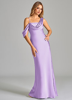 Azazie Celina Bridesmaid Dresses Lilac Sheath Off the Shoulder Stretch Satin Dress image1