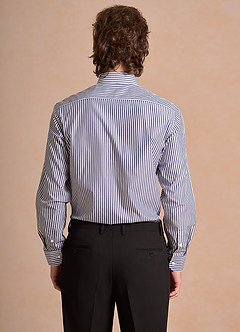 front Aiden White Navy Blue 100% Cotton Non-Iron Striped Dress Shirt