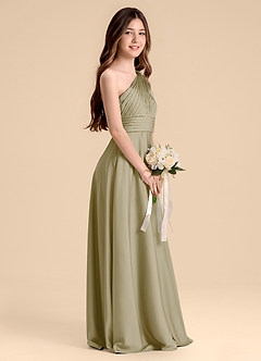 Azazie Charlize Junior Abito A-Line in Raso Elasticizzato Plissettato Verde Muschio image5