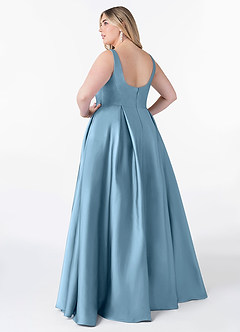 Azazie Neve Jurken voor bruidsmeisjes Jurk van Stretch Satijn met Baljurk met Zakken Staal Blauw image8