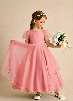 Azazie Duckie Abiti da Ragazza di Fiori Abito Principessa in Tulle Plissettato Corallo image3