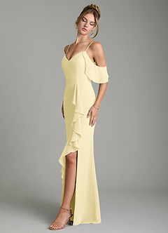 Azazie Alexys Bridesmaid Dresses Lemon Sorbet Sheath Off the Shoulder Chiffon Dress image4
