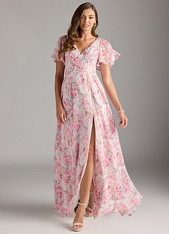 Azazie Kimber Bridesmaid Dresses Abstract Watercolor Floral A-Line Flounce Sleeve Chiffon Dress image3
