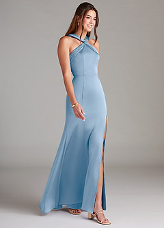 Azazie Rue Vestidos de damas de honor Vestido de Azul Pálido de Satén Elástico de Corte Sirena con Plisado image4