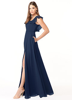 Azazie Jinny Vestidos de damas de honor Vestido de Azul Marino Oscuro de Gasa de Corte en A con Cuello Cuadrado Acanalado image3