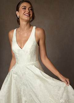 Azazie Olivette Wedding Dresses Antique White Ball-Gown Strap Floral Jacquard Dress image5