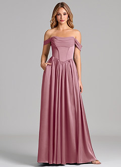 Azazie Raisa Bridesmaid Dresses Vintage Mauve A-Line Off the Shoulder Stretch Satin Dress image1