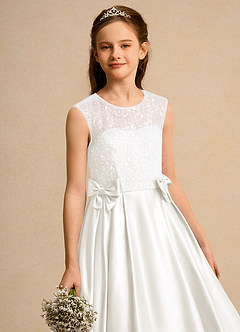 Azazie Candy Girl Jurken voor bloemenmeisjes Baljurk Jurk van Mat Satijn Boog Ivoor image2