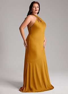 Azazie Lorena Robes de demoiselle d'honneur Robe Sirène en Satin extensible Plissée Caramel écossais image5