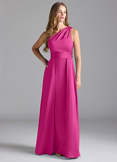 Azazie Dallas Robes de demoiselle d'honneur Robe Trapèze en Satin extensible Ue épaule Fuchsia image3