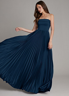 Azazie Mariana At-home Try On Dresses Dark Navy A-Line Pleated Stretch Satin Dress image5