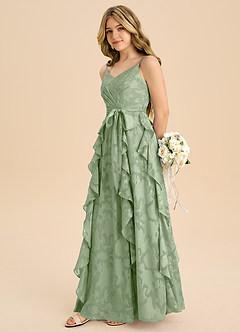 Azazie Peyton Junior A라인 주름진 플로럴 번아웃 플로어 길이 주니어 신부 들러리 드레스 image5