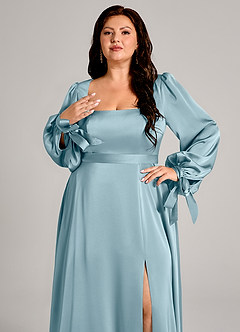 Azazie Leonia Robes de demoiselle d'honneur Robe Trapèze en Satin extensible Manche longue Bleu Maussade image9