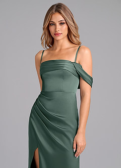 Azazie Lisbeth Robes de demoiselle d'honneur Robe Sirène Convertible en Satin extensible Épaule décolletée Mousse De Mer image2