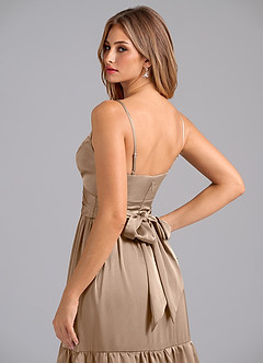 Azazie Nathalia Bridesmaid Dresses Taupe A-Line Pleated Stretch Satin Dress image2