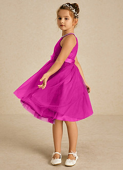 Azazie Honey Flower Girl Dresses Fuchsia A-Line Beaded Matte Satin Dress image3