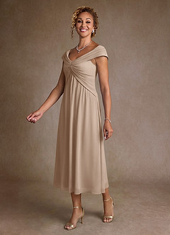 Azazie Mirta Mother of the Bride Dresses Taupe A-Line Pleated Floral Burnout Dress image4