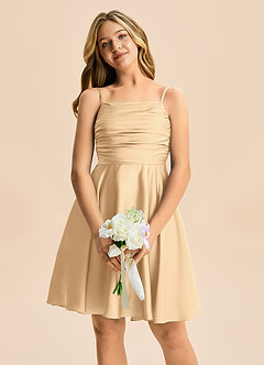 Azazie Miko Junior Gold A-Line Pleated Stretch Satin Dress image6