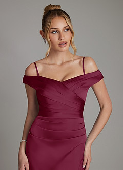 Azazie Teyana Bridesmaid Dresses Mulberry Sheath Off the Shoulder Stretch Satin Dress image3