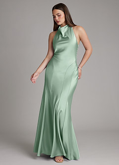 Azazie Sahara At-home Try On Dresses Agave A-Line Pleated Stretch Satin Dress image6