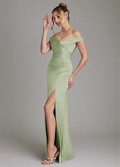 Azazie Teyana Bridesmaid Dresses Dusty Sage Sheath Off the Shoulder Stretch Satin Dress image5