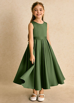 Azazie Junebuj Robe Demoiselle D'honneur Fillette Robe Princesse en Mat Satiné Plissée Olive image2