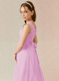 Azazie Georgette Junior Candy Pink A-Line Lace Tulle Dress image6