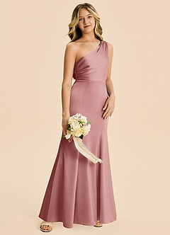 Azazie Ren Junior Robe Trapèze en Satin extensible Plissé Rose Poussiéreuse image3