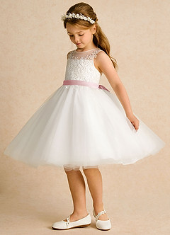 Azazie Lettie Flower Girl Dresses Ivory Powder Pink Ball-Gown Lace Dress image3