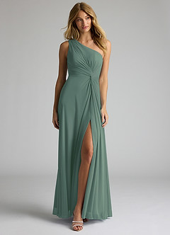 Azazie Brooke Bridesmaid Dresses Eucalyptus A-Line One Shoulder Mesh Dress image4