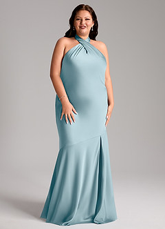 Azazie Lorena Bridesmaid Dresses Moody Blue Mermaid Pleated Stretch Satin Dress image9