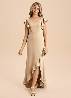 Azazie Demi Junior Champagne Mermaid Bow Stretch Satin Dress image3