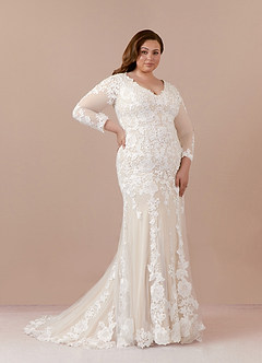 Azazie Dulce Amor Vestidos de novia Vestido de Blanco Diamante Champán de Tul de Corte Sirena con Encaje Cuello V image13