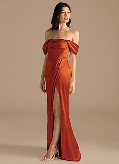 Azazie Lynden Bridesmaid Dresses Paprika Sheath Off the Shoulder Metallic Satin Convertible Dress image7