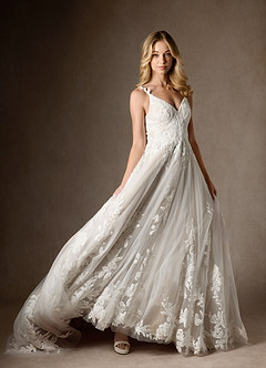 Azazie Delaina Vestidos de novia Vestido de Blanco Diamante Arena de Tul de Corte en A con Lentejuelas cuello pico image11