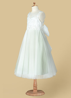 Azazie Junabee Robe Demoiselle D'honneur Fillette Robe Trapèze en Tulle Dentelle Ivoire Sauge Poussiéreuse image8