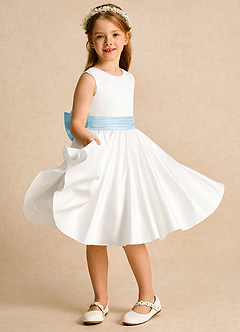 Azazie Sosie Robe Demoiselle D'honneur Fillette Robe Trapèze en Mat Satiné Plissée Ivoire Bleu Ciel image5