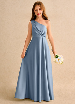 Azazie Puddles Junior Formal Flower Girl Dresses Dusty Blue A-Line One Shoulder Matte Satin Dress image1