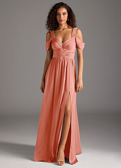 Azazie Lianne Bridesmaid Dresses Coral A-Line Off the Shoulder Stretch Satin Dress image8