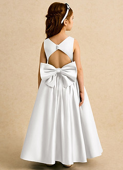 Azazie Nellia Blumenmädchenkleider A-Linie Schleifen Matte Satin Kleid Weiß image6