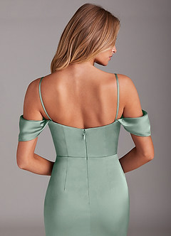 Azazie Saige Bridesmaid Dresses Agave Sheath Off the Shoulder Stretch Satin Dress image8