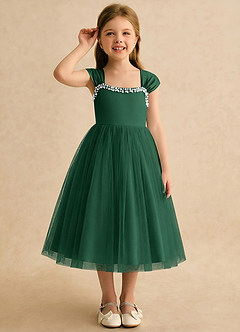 Azazie Yosemite Robe Demoiselle D'honneur Fillette Robe Princesse en Tulle Encolure en Forme de Cœur Vert Foncé image5