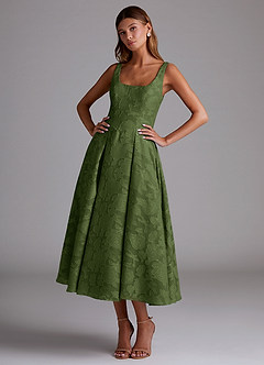 Azazie Amalie Bridesmaid Dresses Olive A-Line Pleated Floral Burnout Dress image1