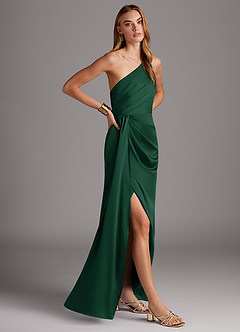 Azazie Mika Vestidos de damas de honor Vestido de Verde Oscuro de Satén Elástico de Corte Recto con Hombro unilateral image4