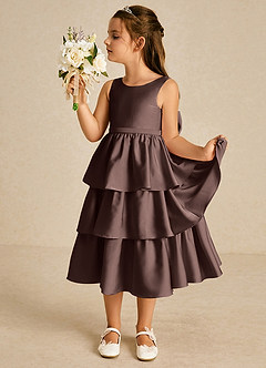 Azazie Margery Flower Girl Dresses Ganache A-Line Bow Stretch Satin Dress image4