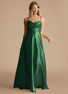Azazie Oliana Bridesmaid Dresses Dark Green A-Line Pleated Metallic Satin Dress image5