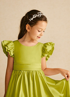 Azazie Piglette vestidos de niña de las flores Vestido de Hierba De Limón de Satin Mate de Corte en A con Lazo image3