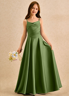 Azazie Coconut Girls Formal Abiti da Ragazza di Fiori Abito A-Line in Raso Elasticizzato Plissettato Ginepro image3