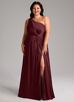 Azazie Brooke Vestidos de damas de honor Vestido de Cabernet de Satén Elástico de Corte en A con Hombro unilateral image8